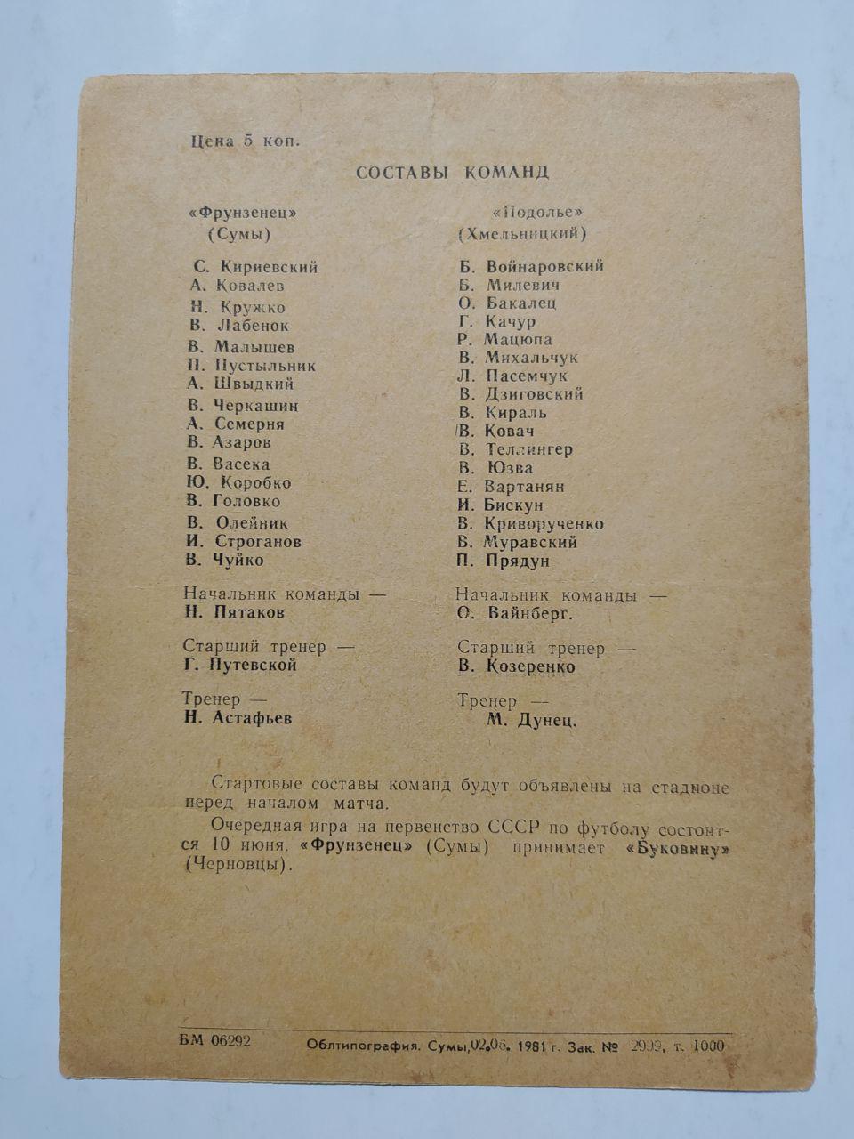 Фрунзенец Сумы Подолье Хмельницкий первенство СССР футбол 2 лига 7.06.1981 год 1