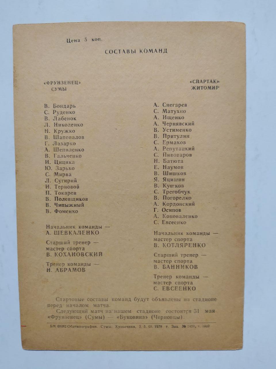 Фрунзенец Сумы Спартак Житомир первенство СССР футбол 2 лига 17.05.1978 год 1