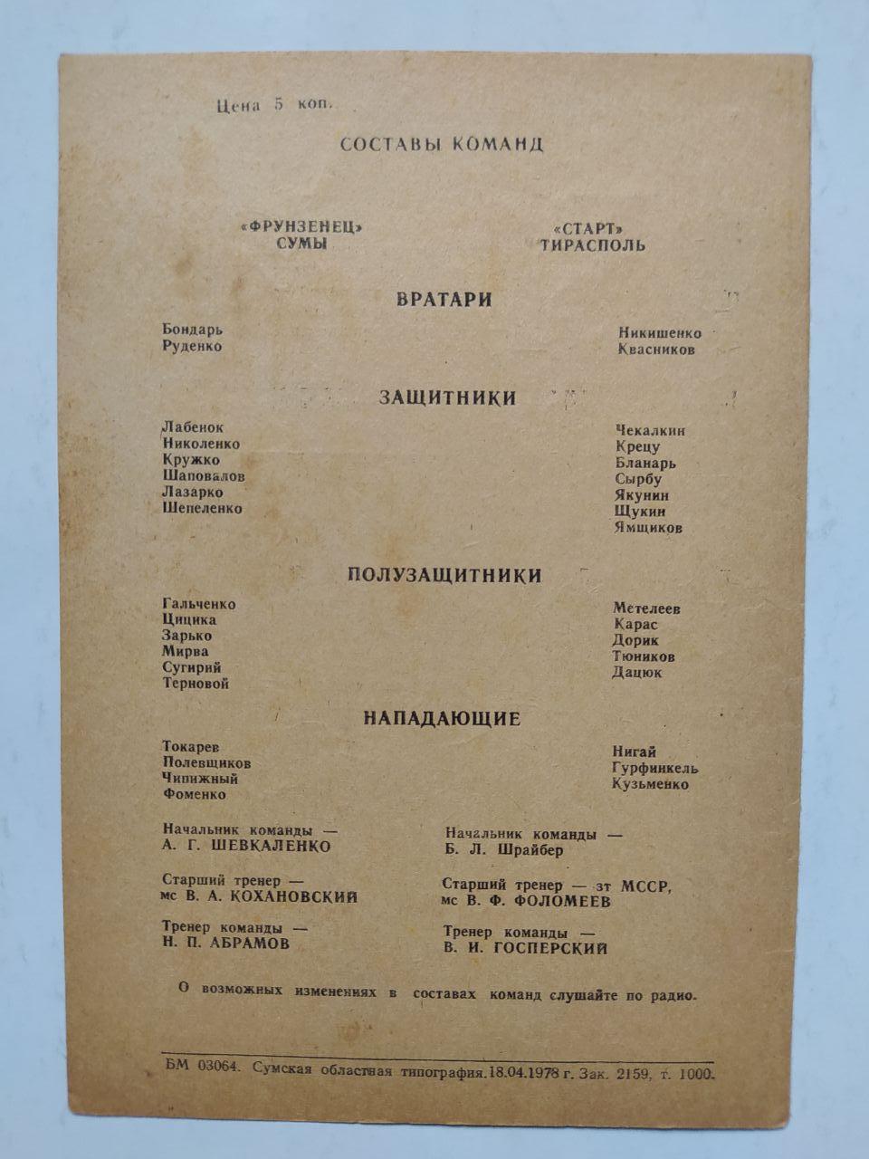 Фрунзенец Сумы Старт Тирасполь первенство СССР футбол 2 лига 26.04.1978 год 1