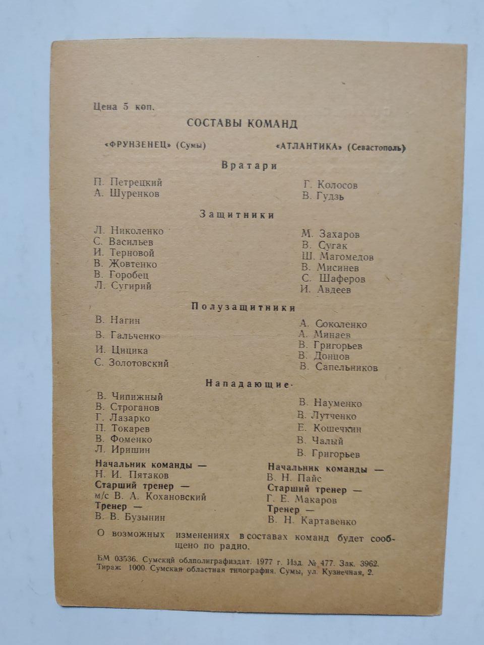 Фрунзенец Сумы Атлантика Севастополь первенство СССР футбол 2 лига 7.08.1977 г 1