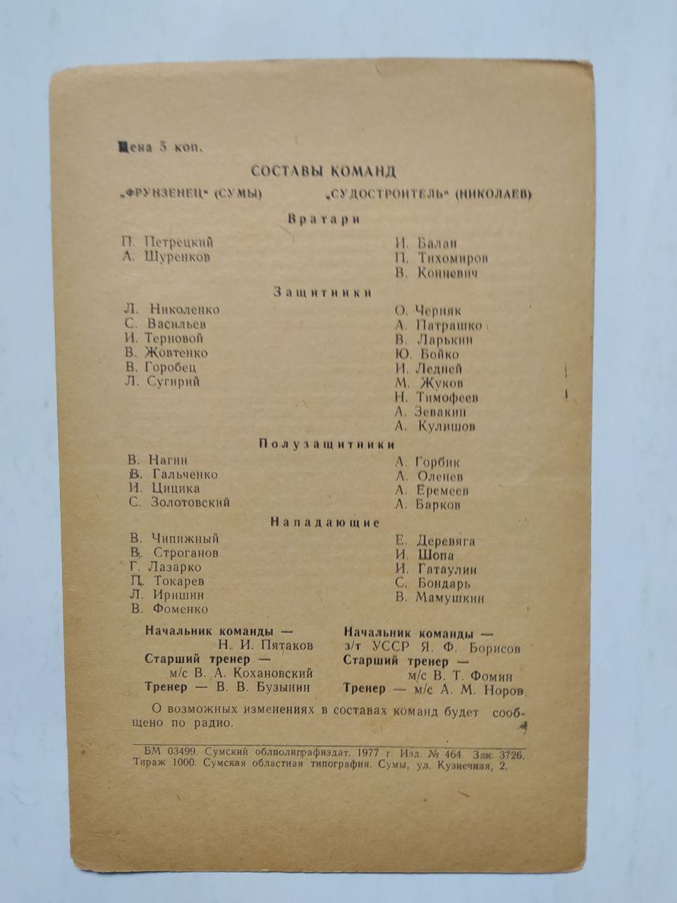 Фрунзенец Сумы Судостроитель Николаев первенство СССР футбол 2 лига 21.07.1977 г 1