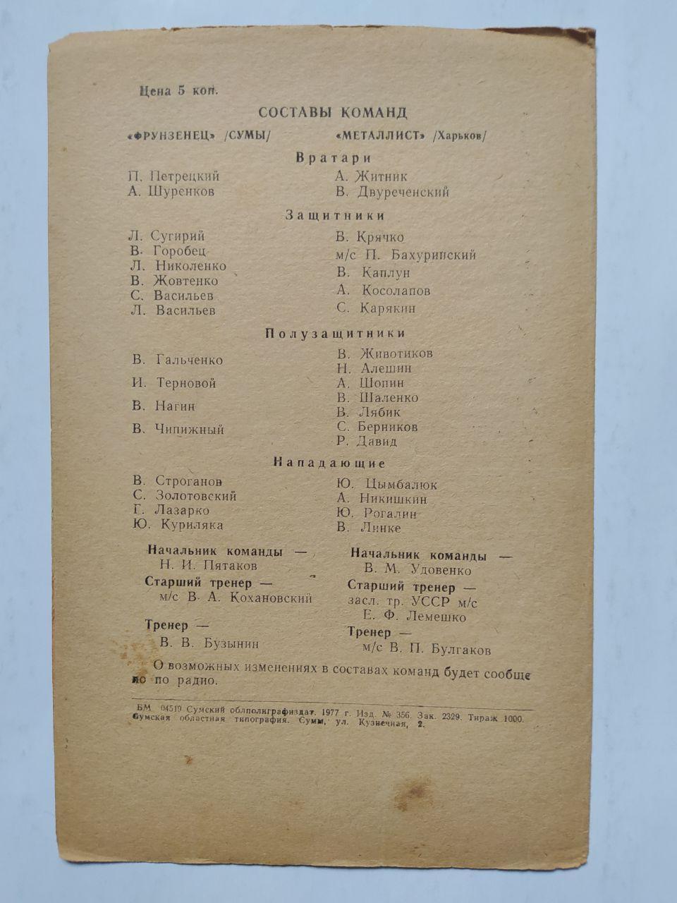 Фрунзенец Сумы Металлист Харьков первенство СССР футбол 2 лига 16.05.1977 г 1