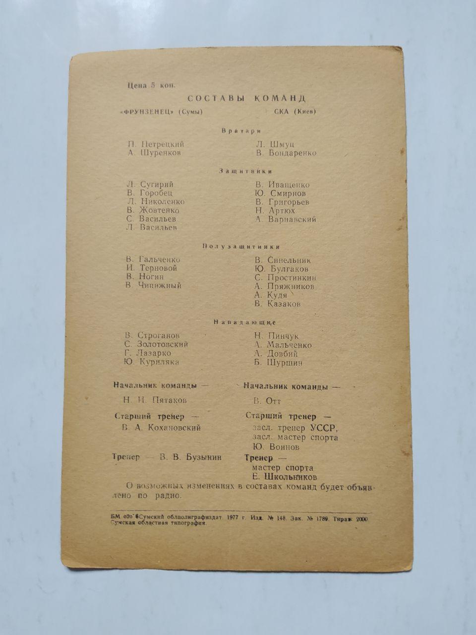 Фрунзенец Сумы СКА Киев первенство СССР футбол 2 лига 16.04.1977 г 1