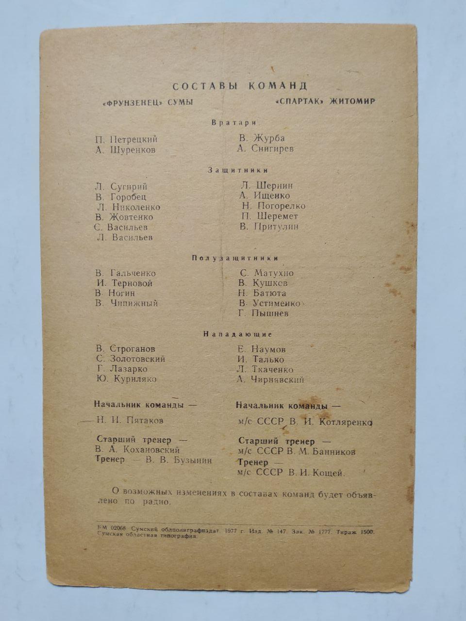 Фрунзенец Сумы Спартак Житомир первенство СССР по футболу 2 лига 12.04.1977 г 1