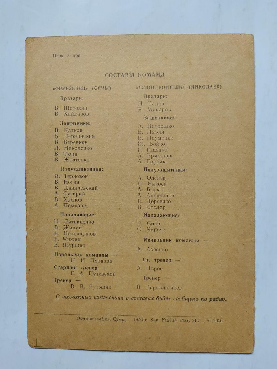 Фрунзенец Сумы Судостроитель Николаев первенство СССР футбол 2 лига 20.04.1976 г 1