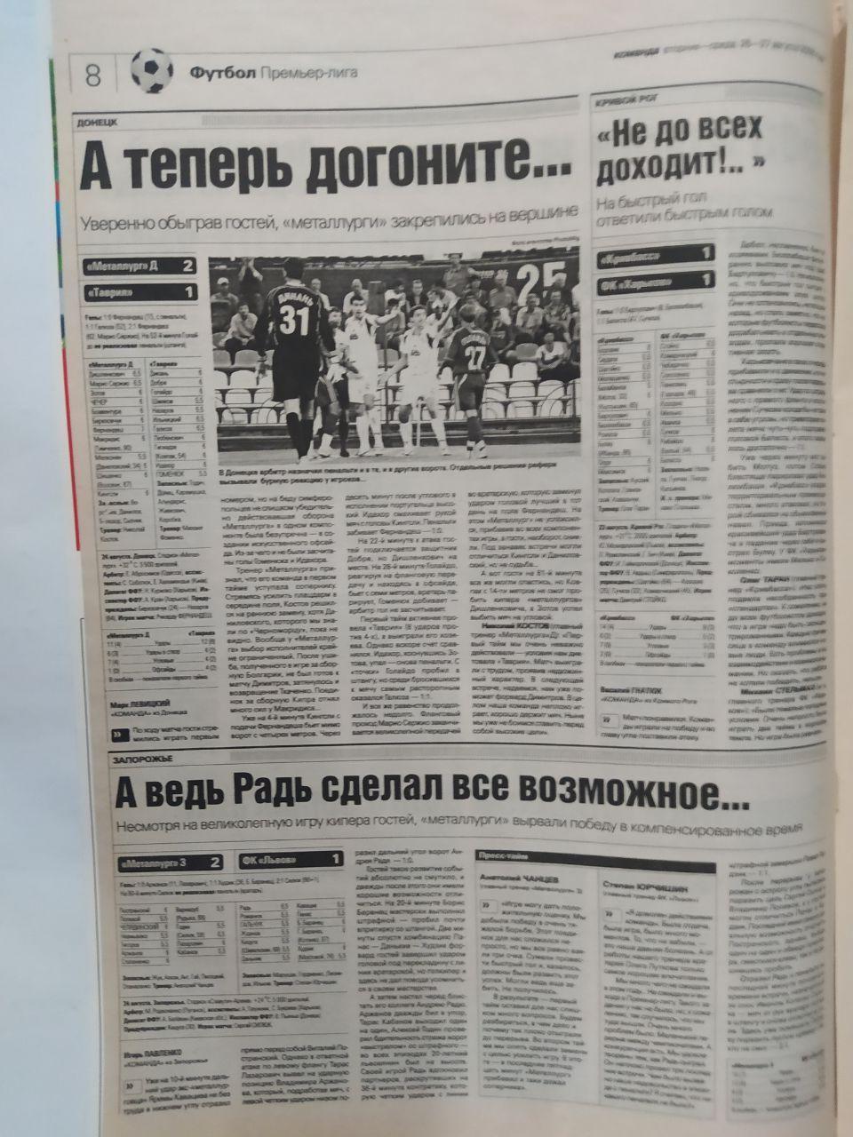 Всеукраинская спортивная газета КОМАНДА выпуск № 155 - 2008 год 1