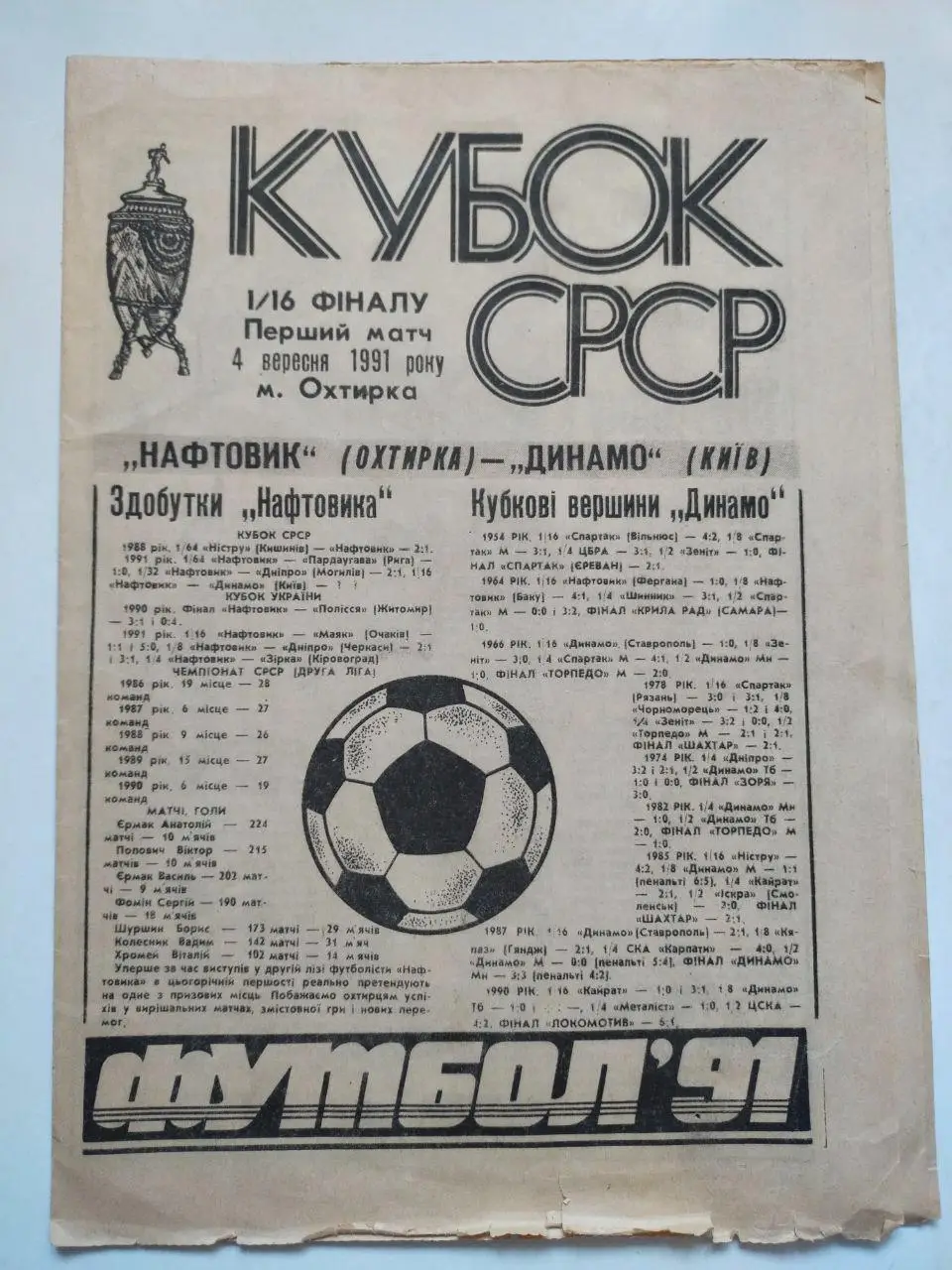 Кубок СССР по футболу 1/16 финала Нефтяник Ахтырка - Динамо Киев 4.09.1991 г. 3