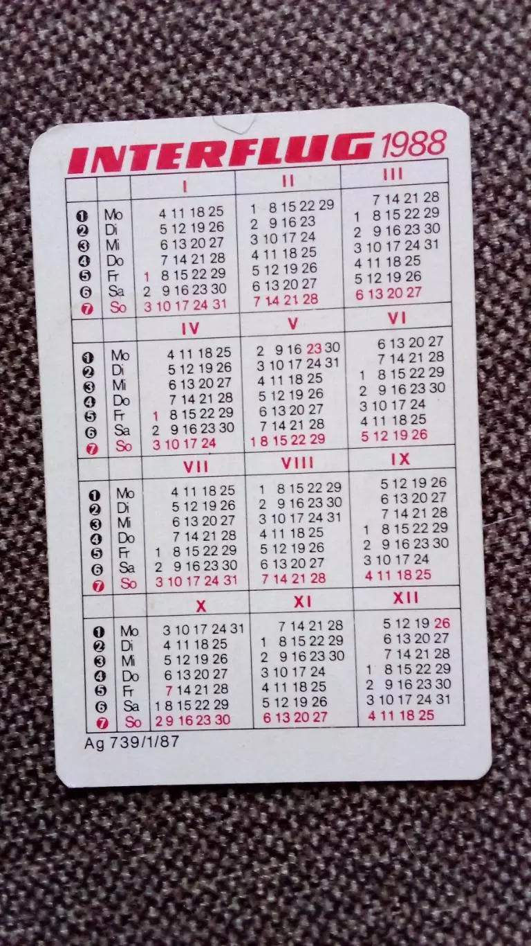 Карманный календарик : ГДР DDR Interflug 1988 г. Аэрофлот Авиация Транспорт 1