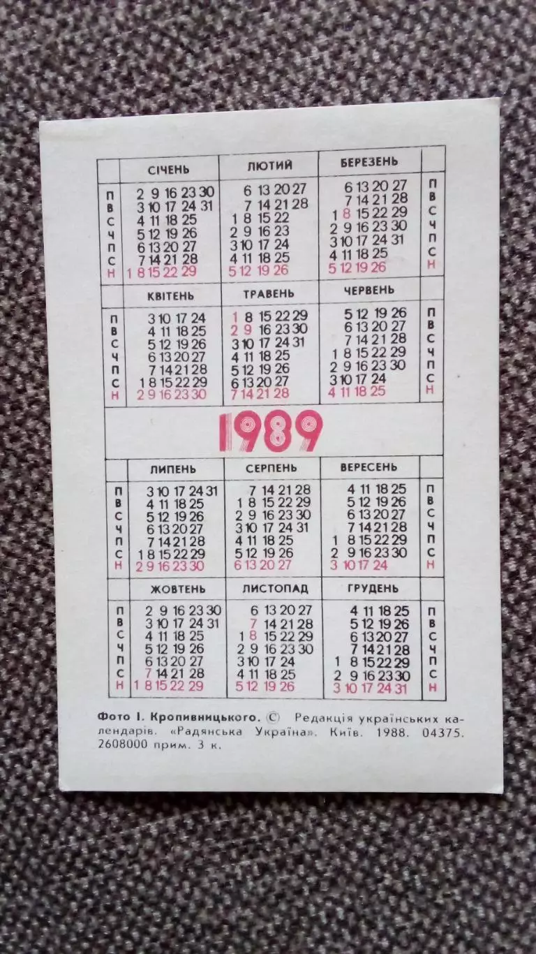 Карманный календарик : Олень 1989 г. (Фауна Животные) 1