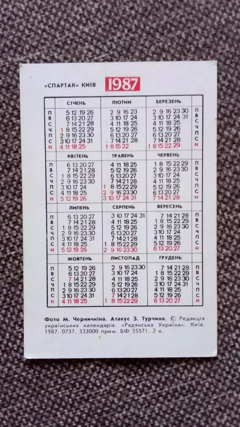 Карманный календарик : Гандбол (Ручной мяч)Спартак(Киев) 1987 г. З Турчина 1