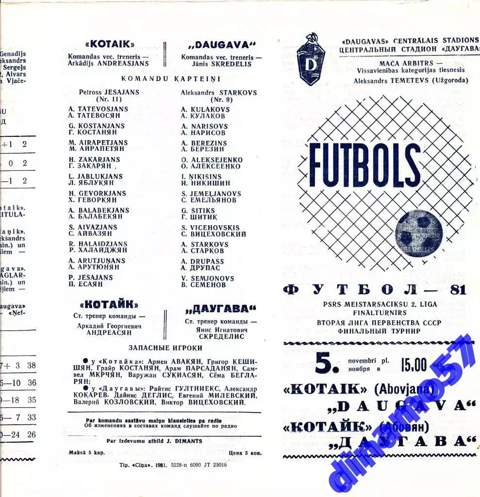 Даугава Рига - Котайк Абовян 5.11.1981