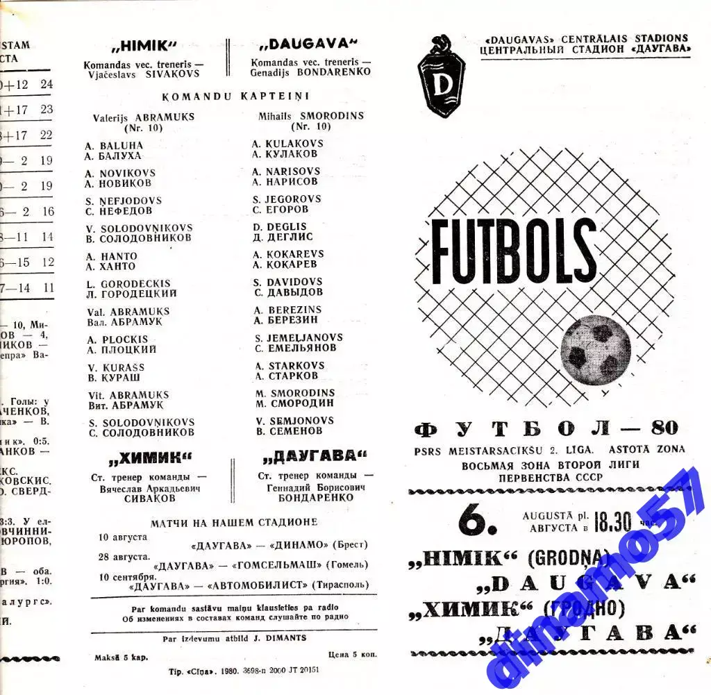 Даугава Рига - Химик Гродно 6.08.1980