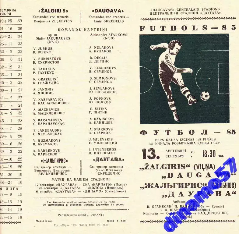 Даугава Рига - Жальгирис Вильнюс - 1985 Кубок 1/8