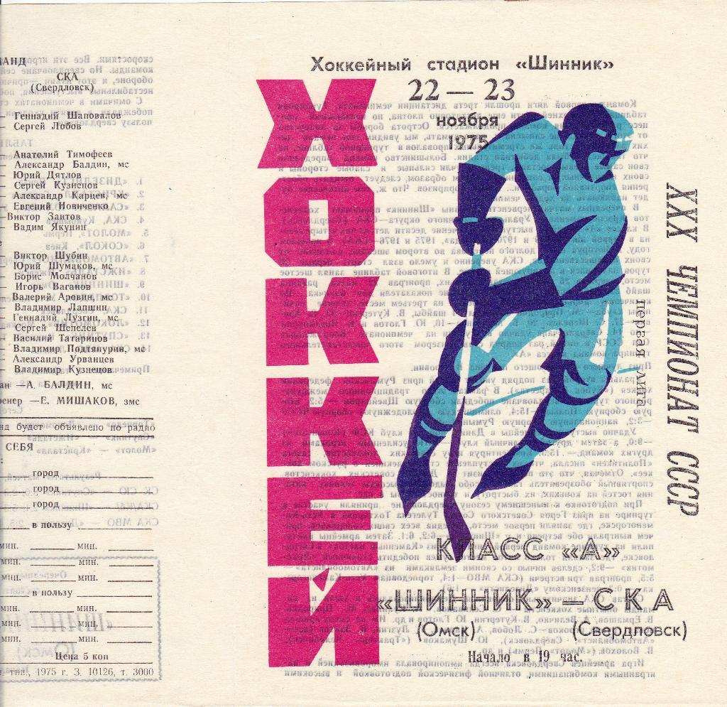 Шинник (Омск) - СКА (Свердловск) 22-23.11.1975