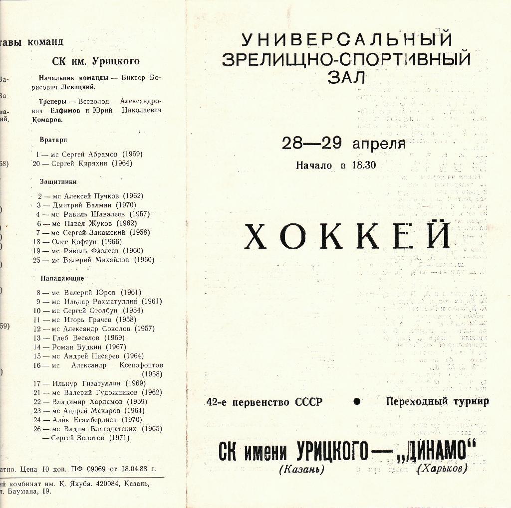 Ск им Урицкого (Казань) - Динамо (Харьков) 28-29.04.1988