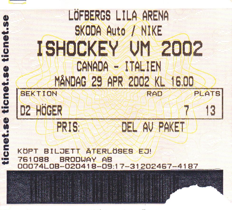 Чемпионат мира по хоккею-2002 Билет матча Канада-Италия 29.04.2002