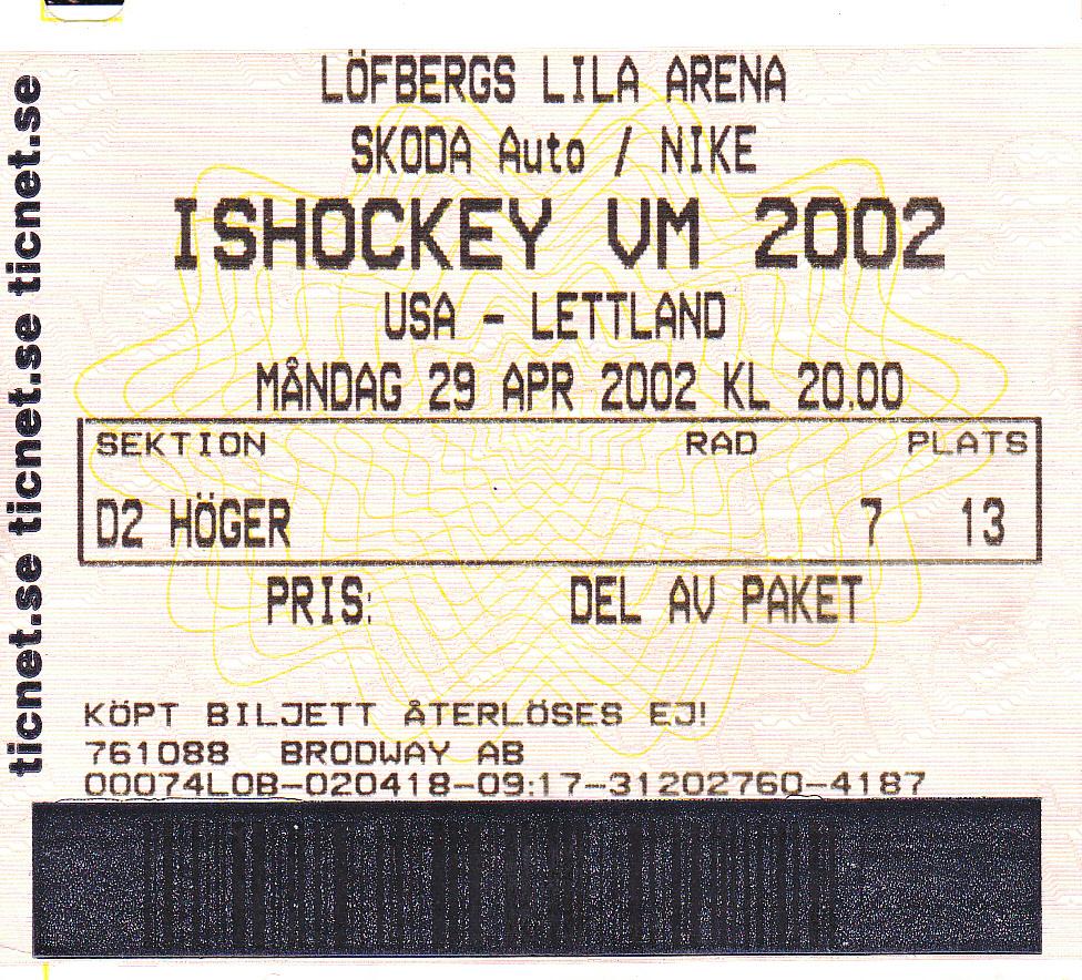 Чемпионат мира по хоккею-2002 Билет матча США-Латвия 29.04.2002