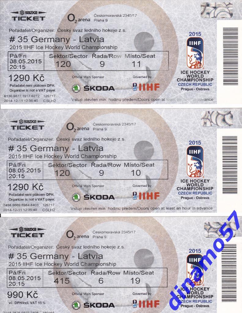 Чемпионат мира по хоккею-2015 Билет матча Германия-Латвия 8.05.2015