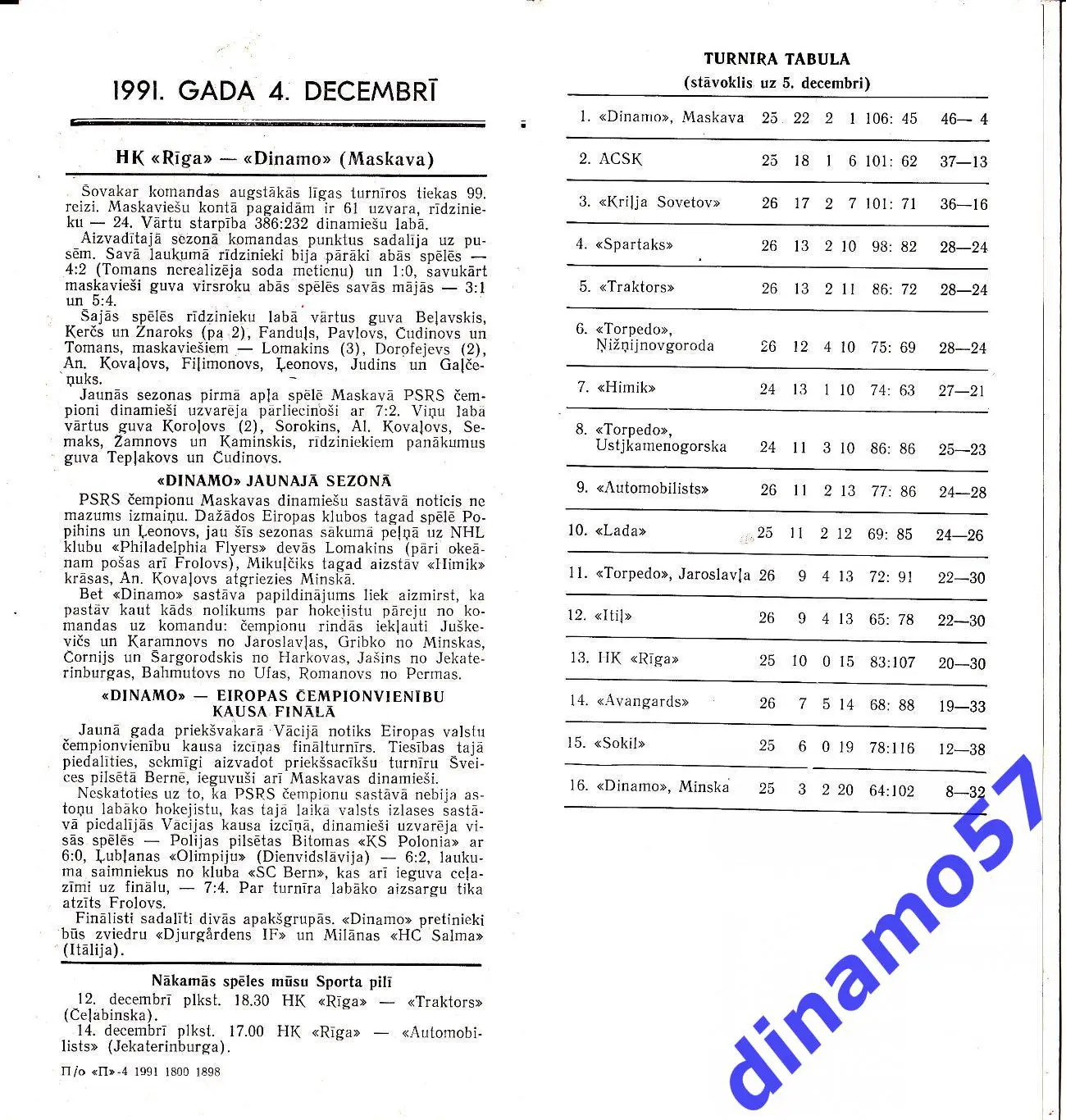 ХК Рига - Динамо Москва 04.12.1991