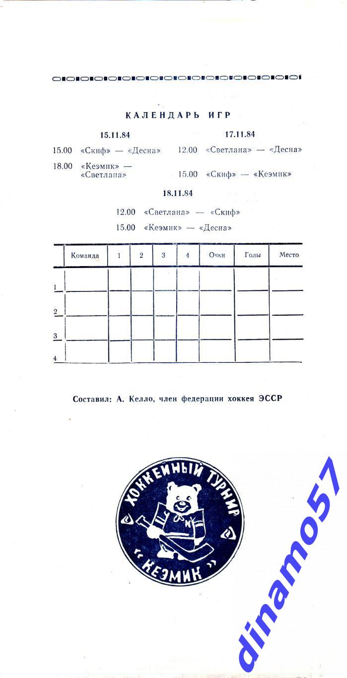 Хоккейный турнир Кохтла-Ярве Эстония 15-18.11.1984 Десна Брянск обмен 1