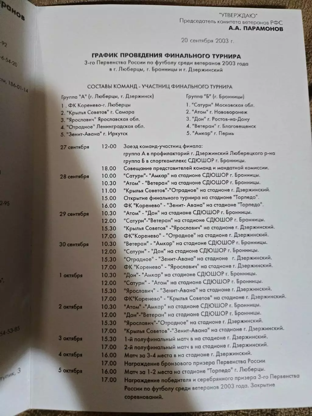 Турнир ветеранов 27.09-5.10.2003 Люберцы, Бронницы, Дзержинский 1