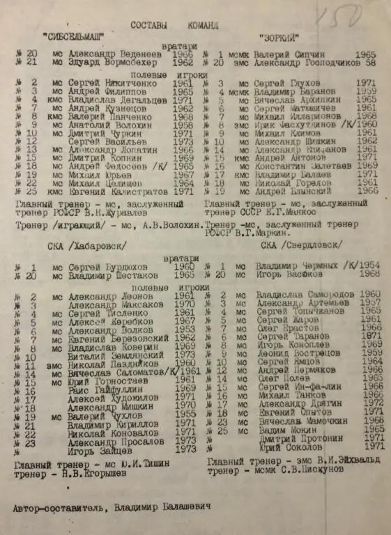 Чемпионат СССР по Ринк-Бенди Участники на фото 17-18.04.91 1
