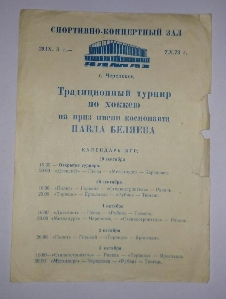 Турнир Беляева 29.09.-7.10.1973 Рязань Ярославль Череповец и др.