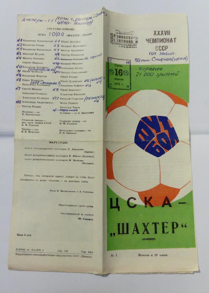ЦСКА - Шахтер Донецк 16.04.1975