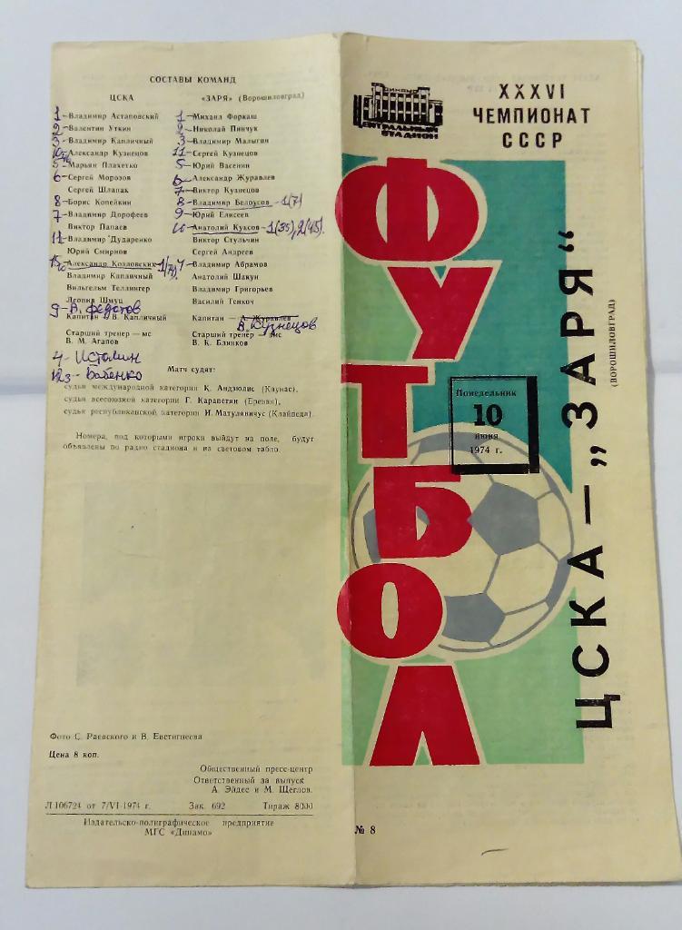 ЦСКА - Заря Ворошиловград 10.06.1974.