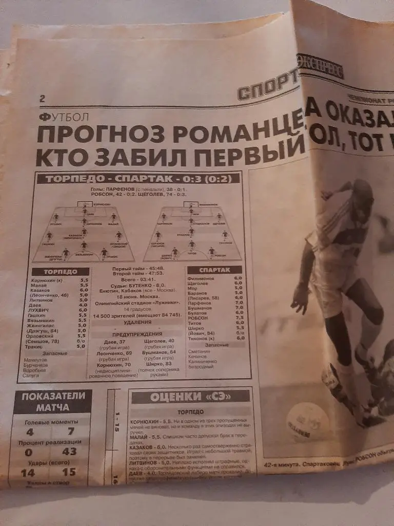 Отчёт о матче Торпедо - Спартак. Газета Спорт Экспресс 2000