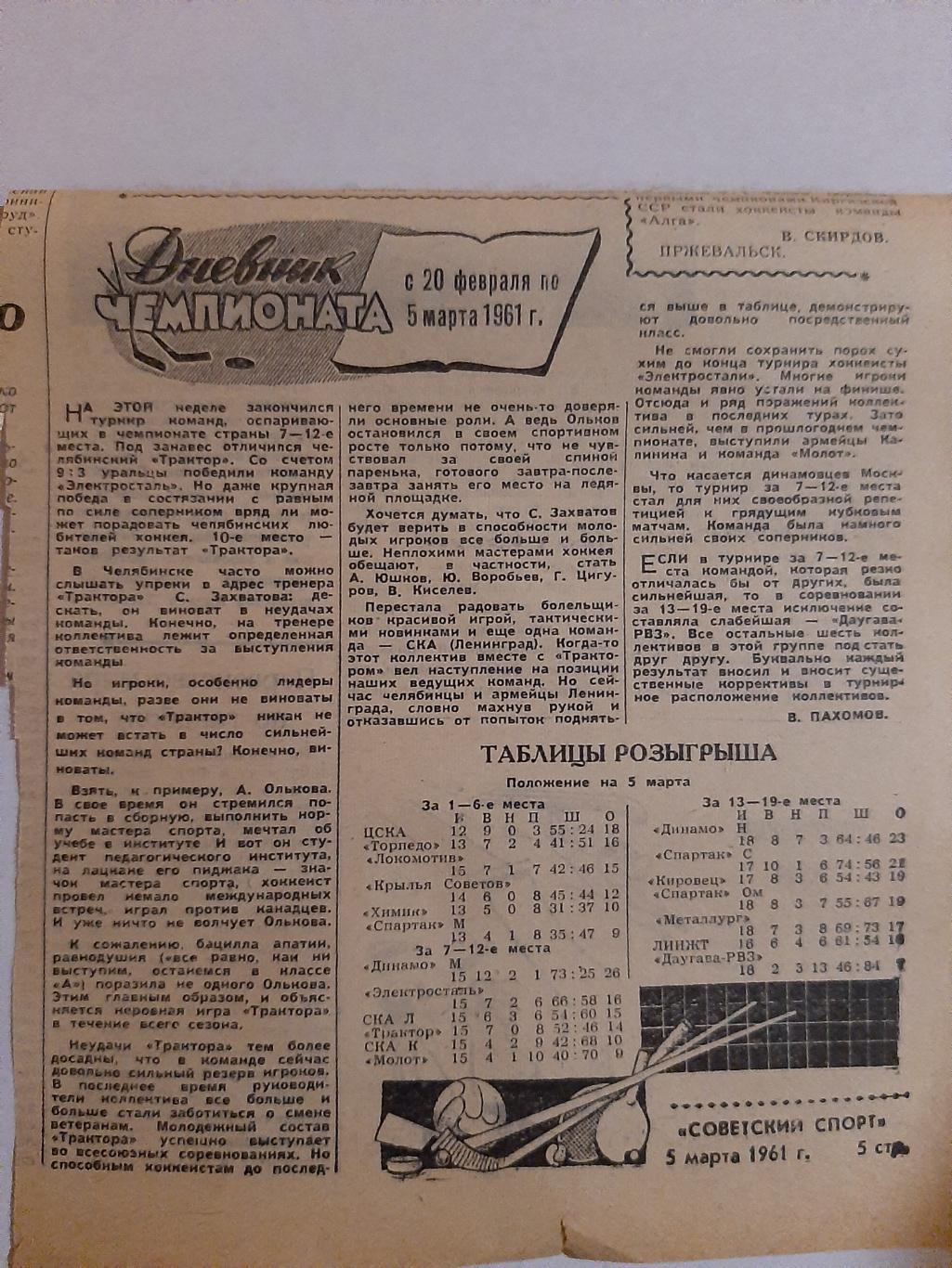 Статья Дневник чемпионата 1961 Советский спорт