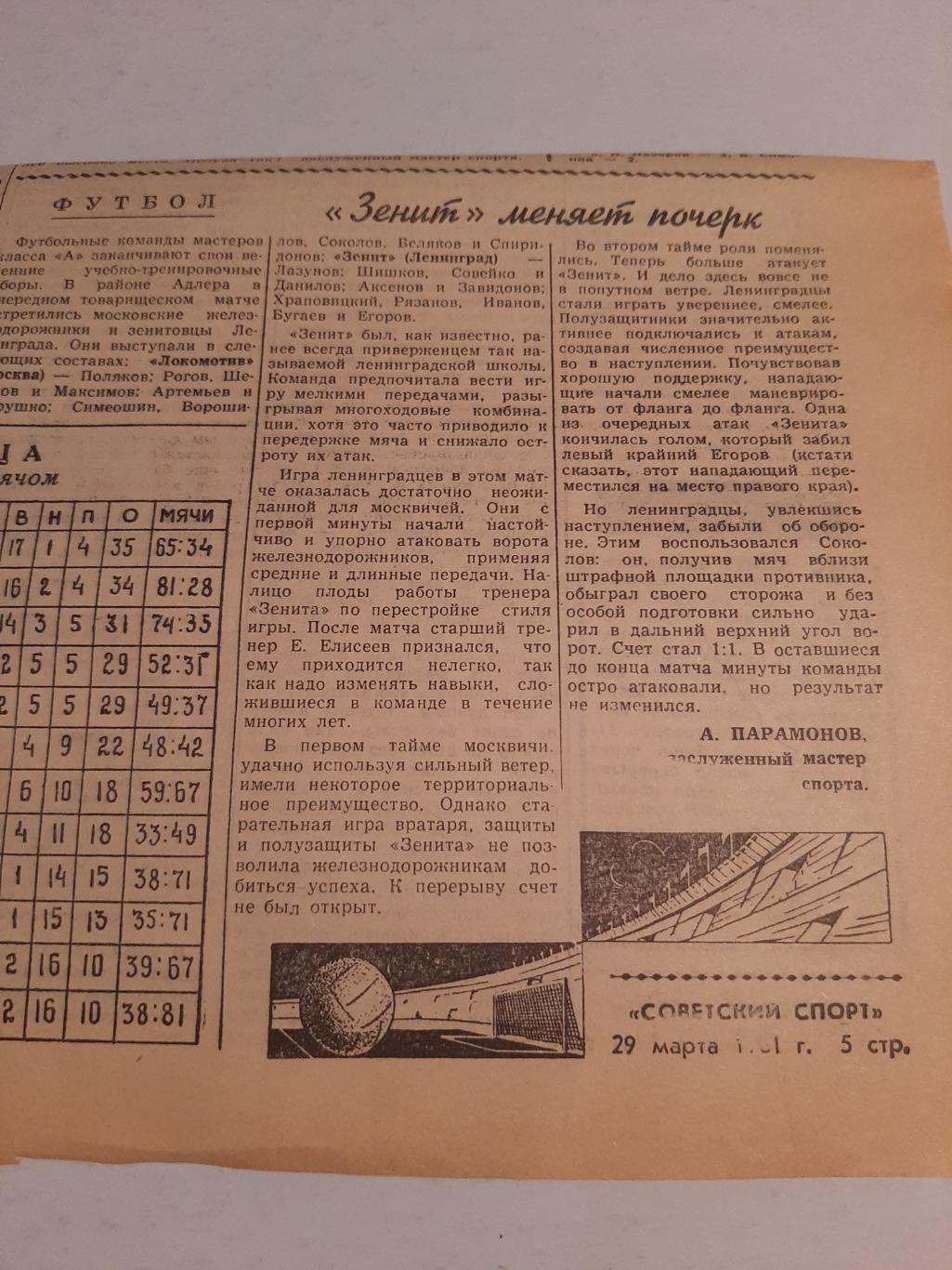 Статья Зенит локомотив Москва 1961 Советский спорт