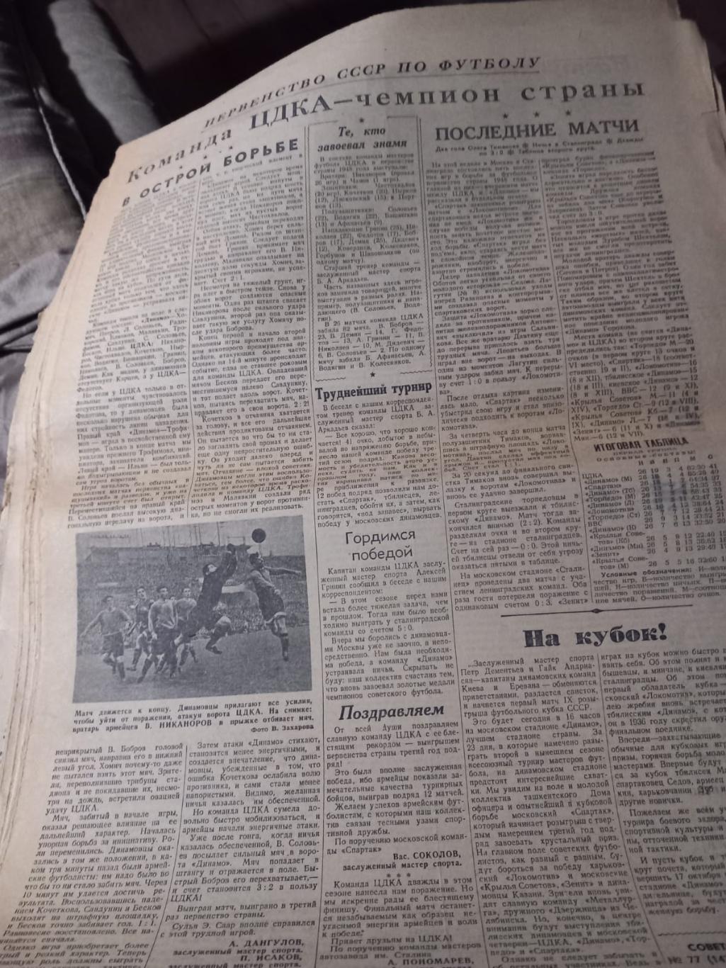 Вырезка из газеты Советский спорт. ЦДКА чемпион СССР 1948