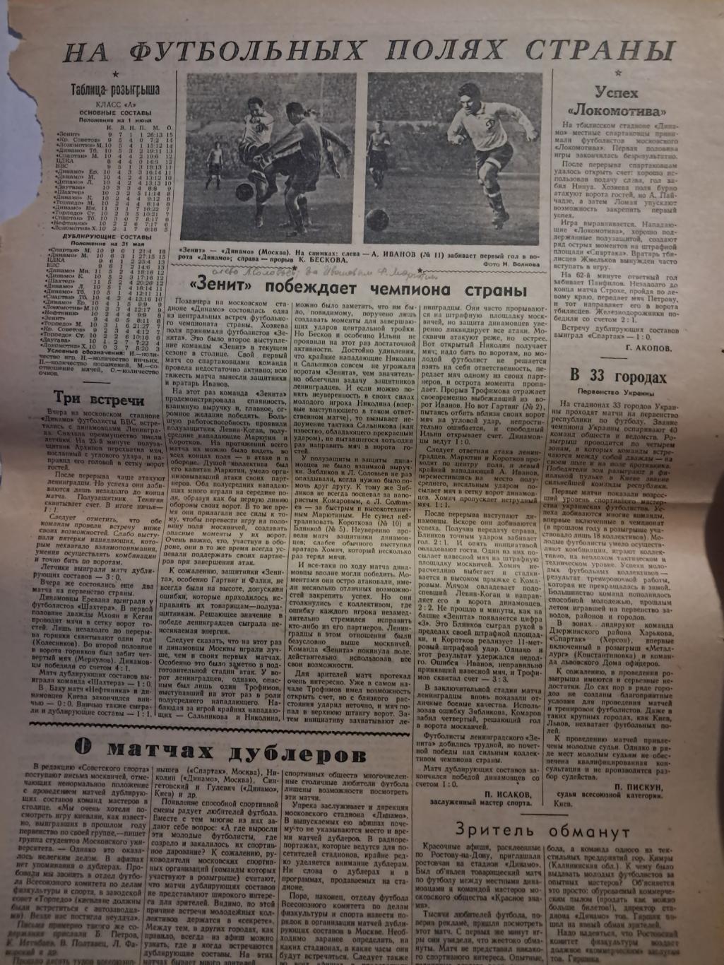 Вырезка Советский спорт 1950 Зенит - Динамо Москва, ВВС - Динамо Ленинград