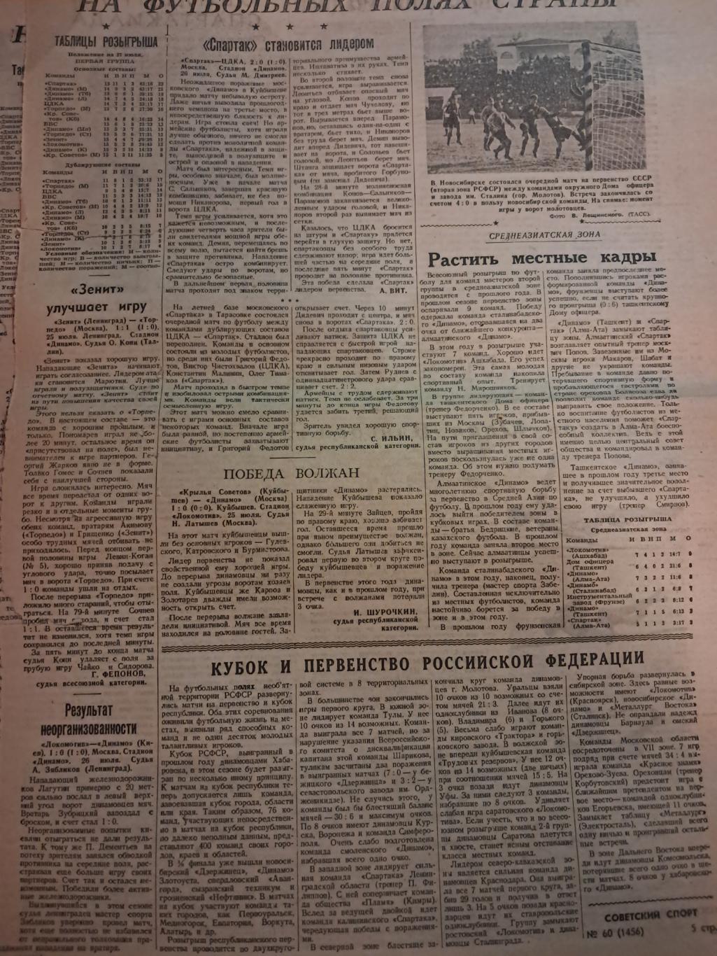 Вырезка Советский Спорт 1948 Зенит - Торпедо Москва, Спартак - ЦДКА и др