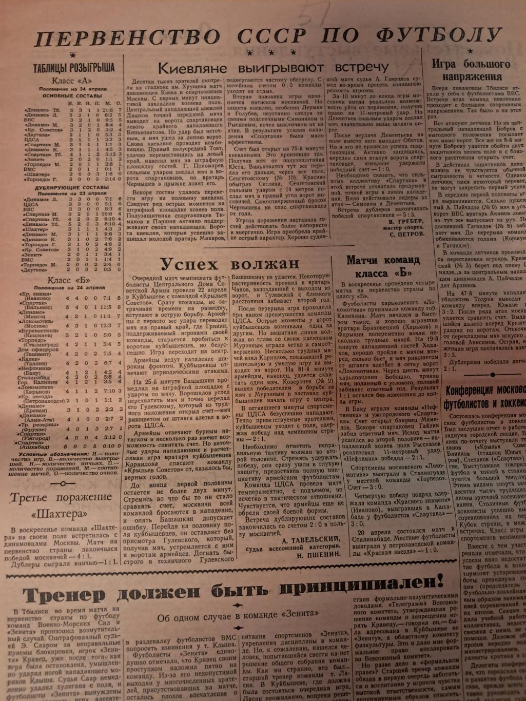 Вырезка Советский спорт 1951 Динамо Киев - Спартак и др