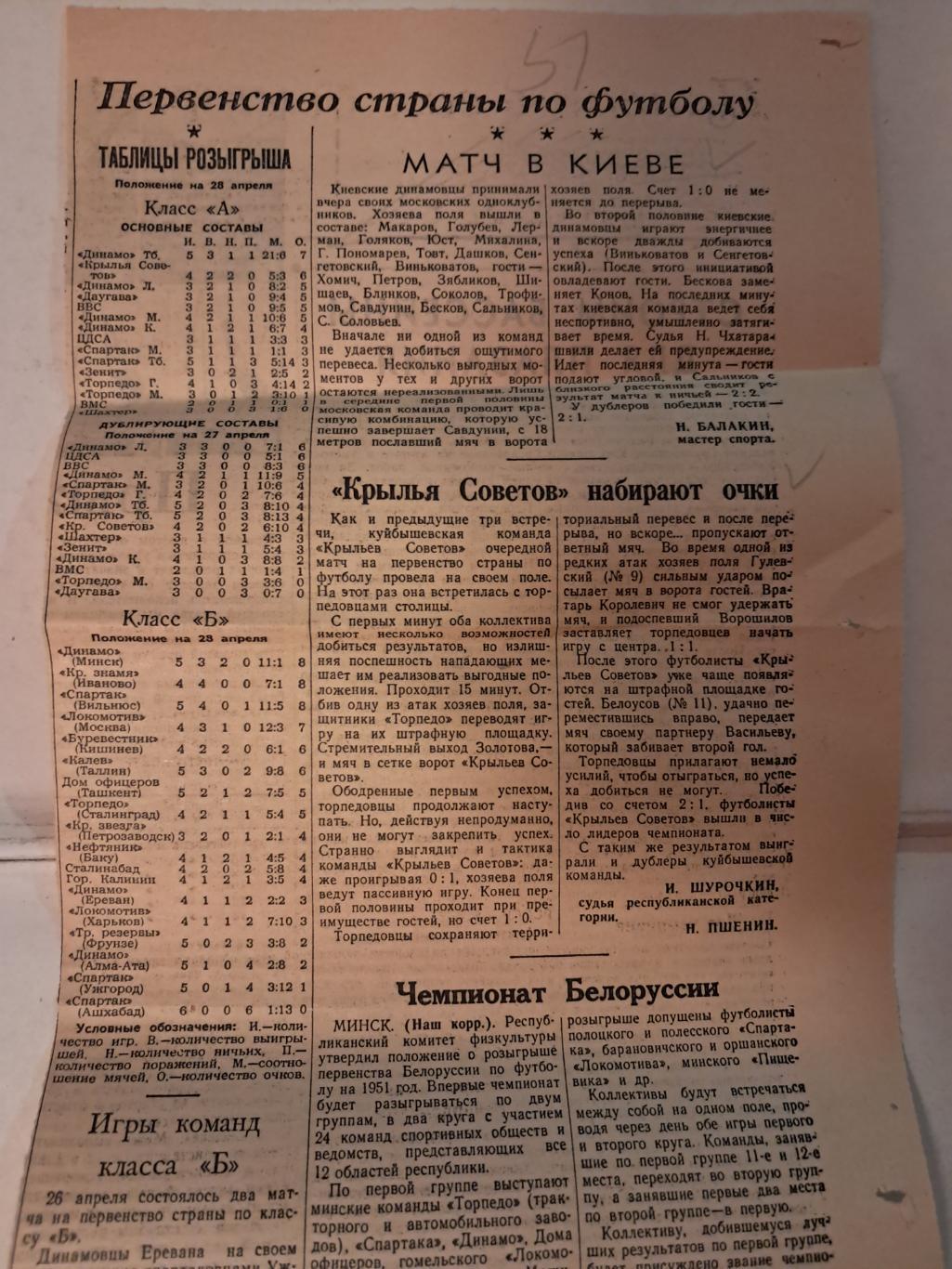 Вырезка Советский спорт 1951 Динамо Киев - Динамо Мск, Крылья Советов - Торпедо