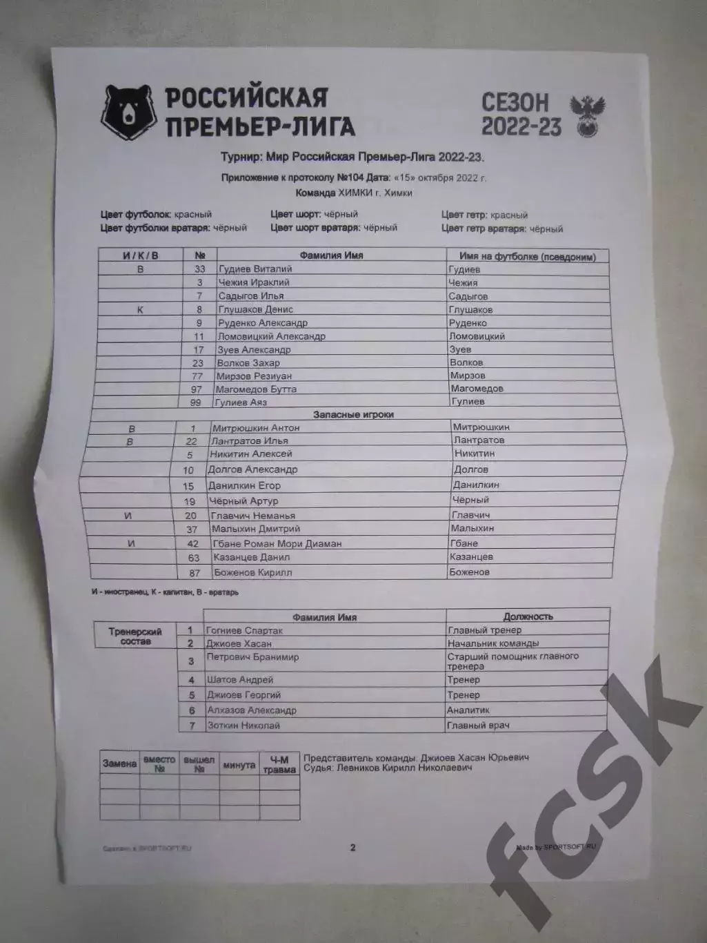 ФК Химки - Факел Воронеж 15.10.2022 протокол
