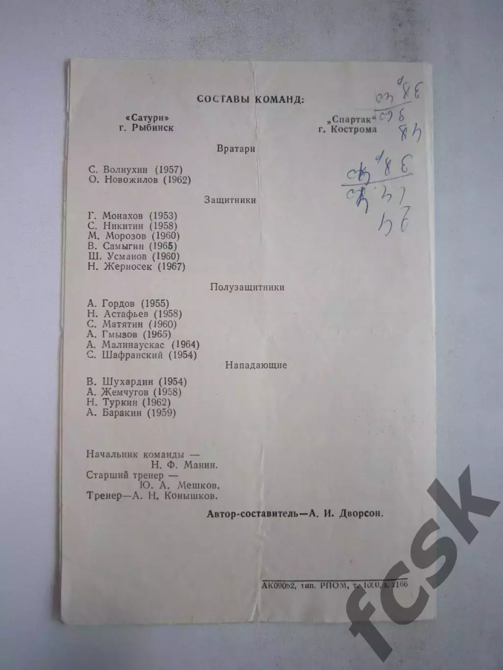 Сатурн Рыбинск - Спартак Кострома 1983 (Б) 1