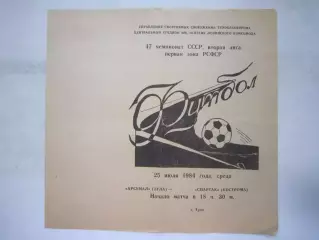 Арсенал Тула - Спартак Кострома с вкладышем 1984 (Б)