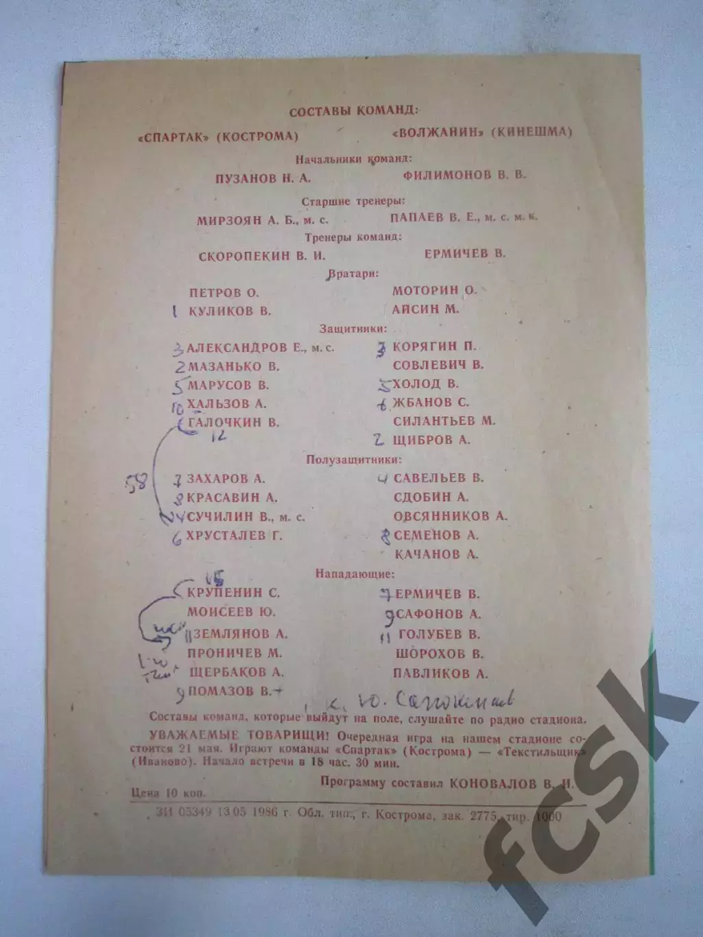 Спартак Кострома - Волжанин Кинешма 1986 (Б) 1