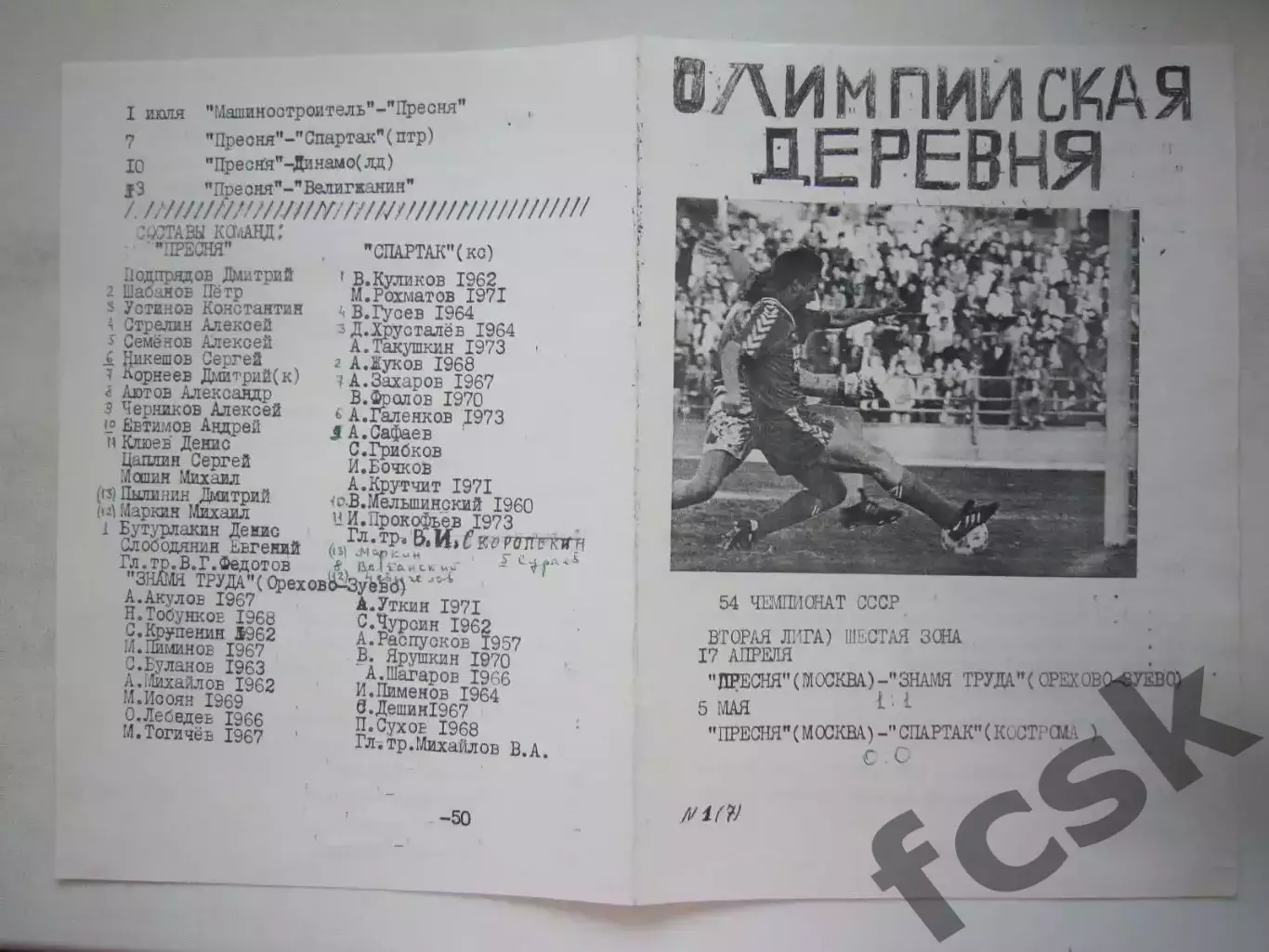 Красная Пресня Москва - Спартак Кострома 1991 (Б)