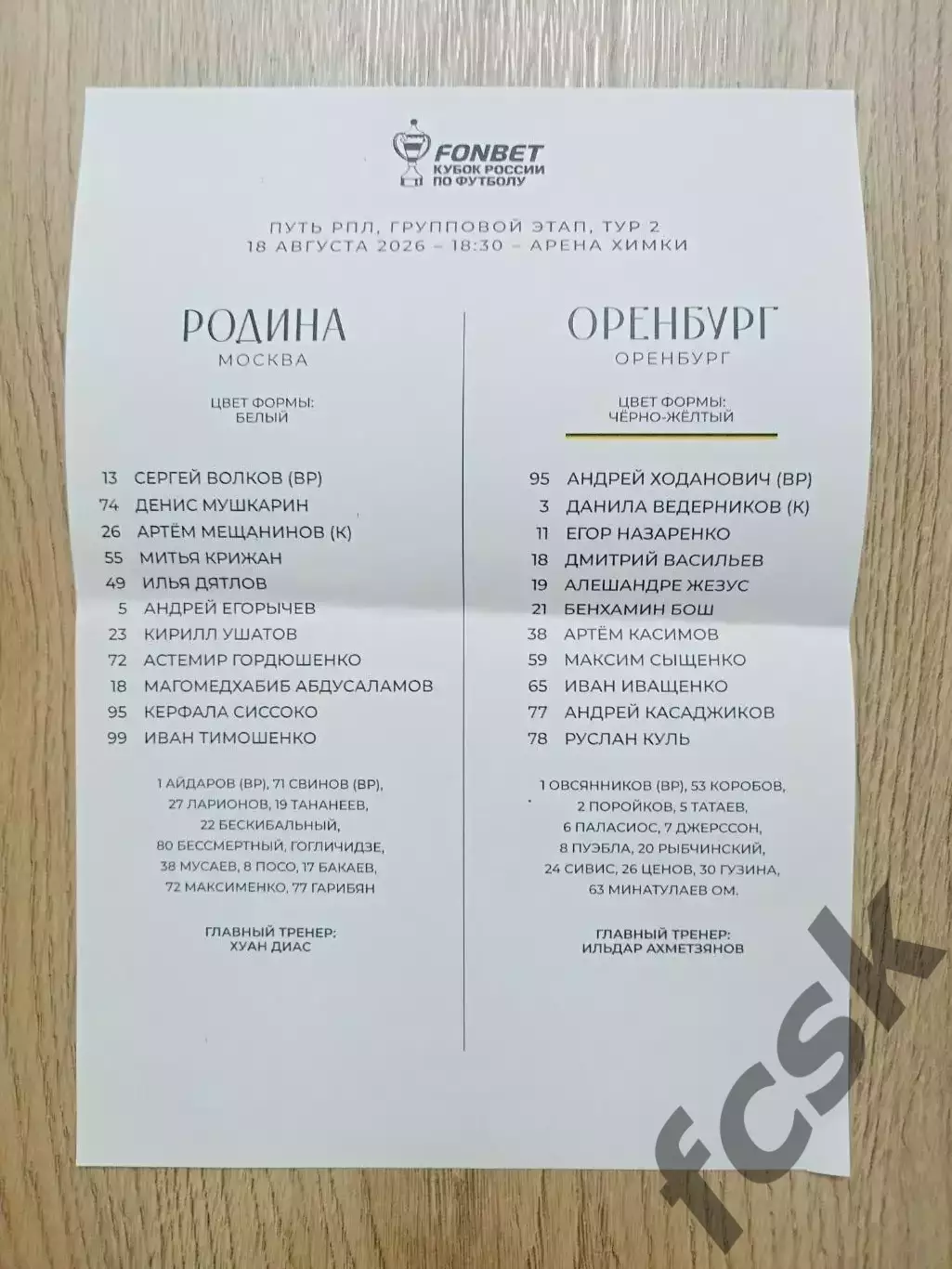 Предматчевый протокол Родина Москва - ФК Оренбург 18.08.2026 Кубок России