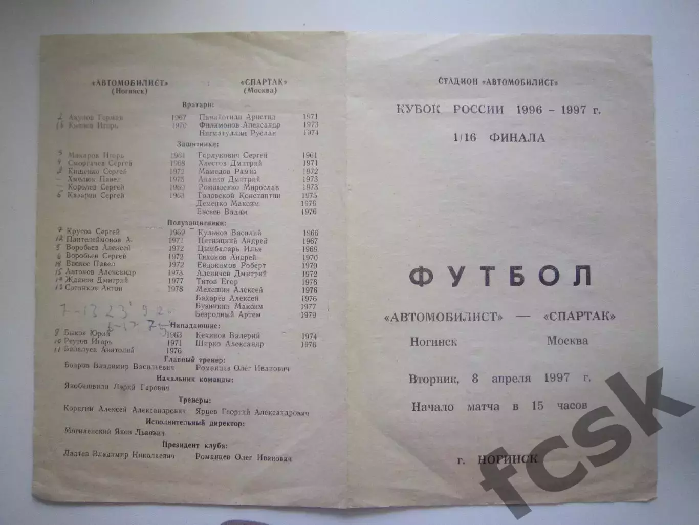 Автомобилист Ногинск - Спартак Москва 08.04.1997. Кубок России.