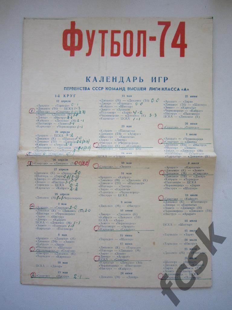 Календарь игр. Лужники 1974