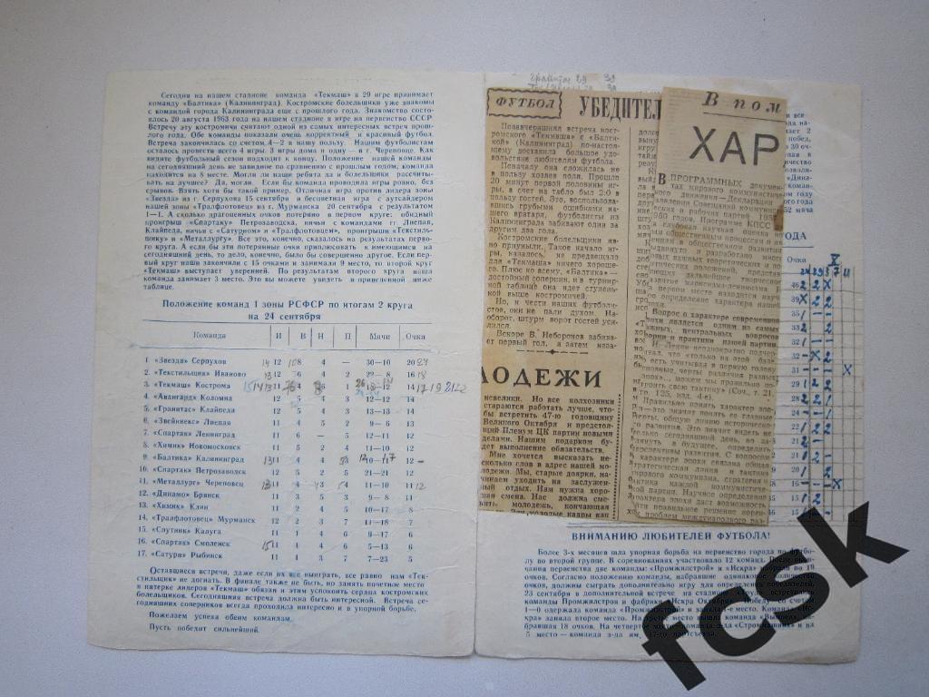 * Текмаш Кострома - Балтика Калининград 1964 + отчет 1