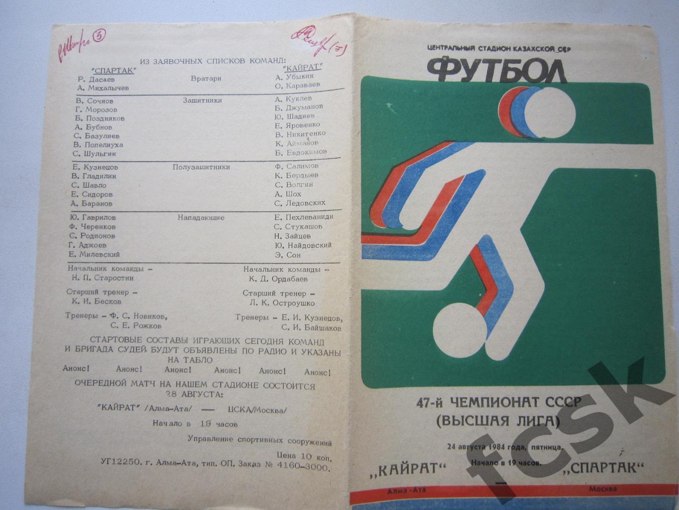 Кайрат Алма-Ата - Спартак Москва 1984 Шавло и Бердыев (?) (ф)