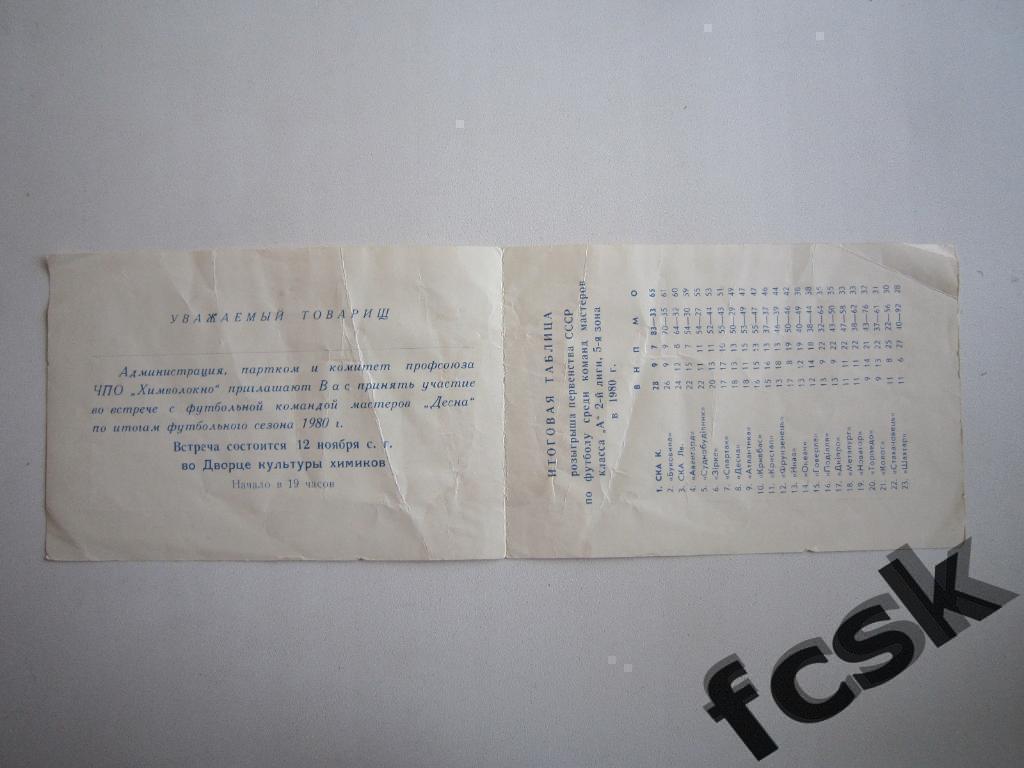 Десна Чернигов 1980 г. Приглашение на встречу с командой. 1