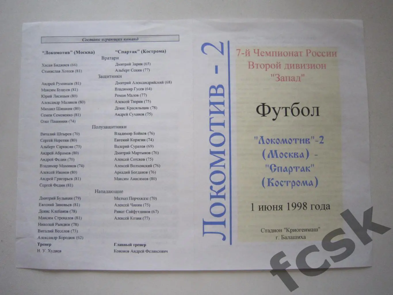Локомотив-2 Москва - Спартак Кострома 01.06.1998