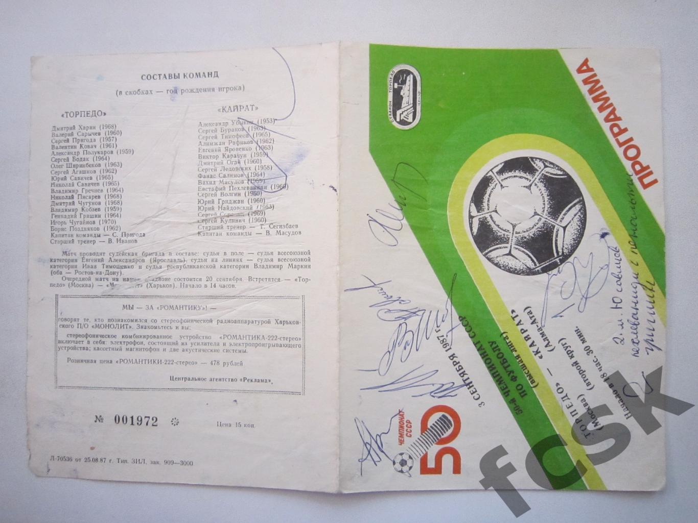 Автографы футболистов команды Торпедо Москва 1987 (*).